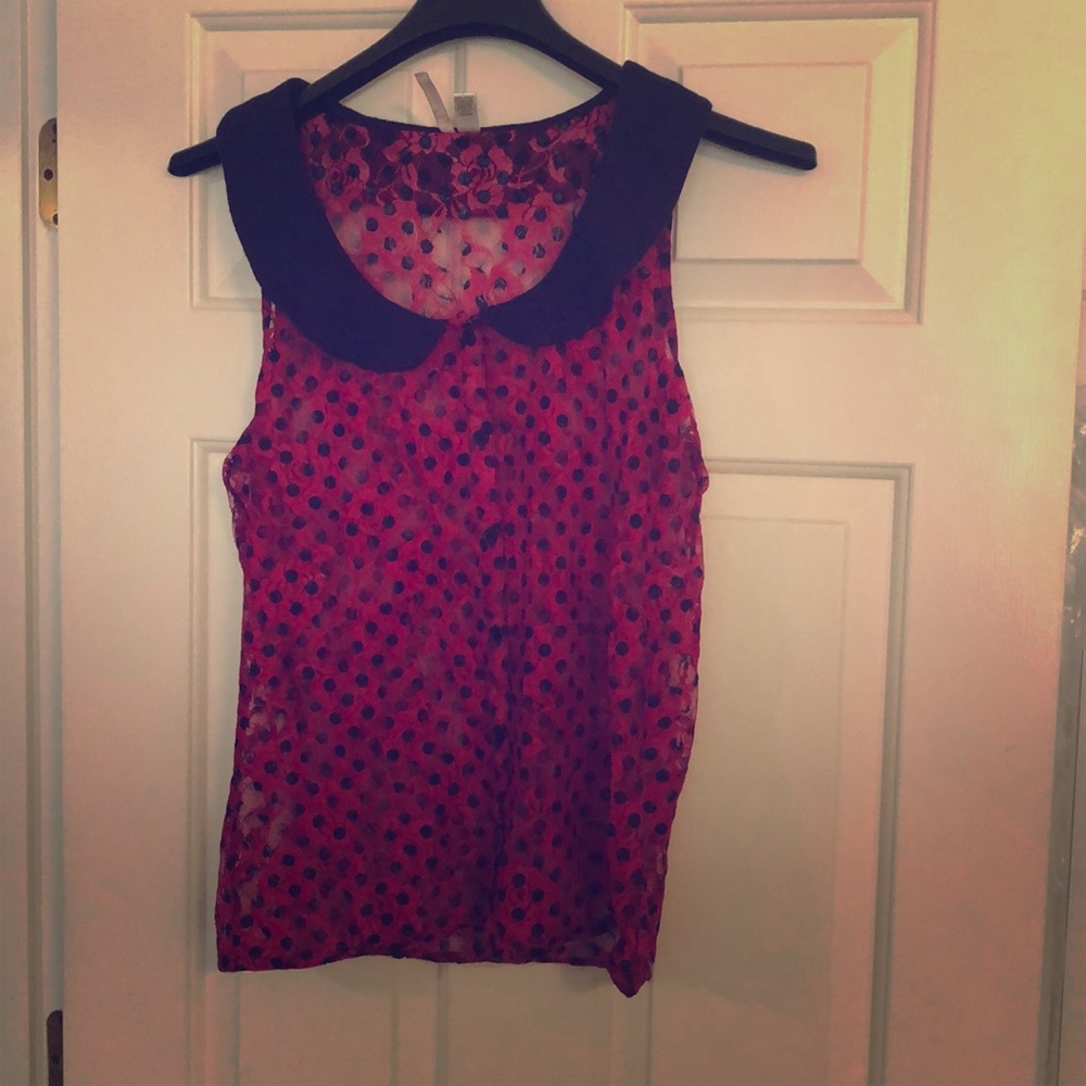 Cute lace summer top with navy blue polka dots!